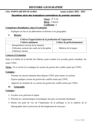 Première page de Histoire-Géographie Tle C, Tle D — 2e évaluation sommative, 1er semestre (2022-2023) · CEG - TOFFO