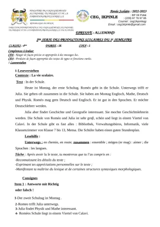 Première page de Allemand 4e, 4e ML, 3e, 3e ML — 2e production scolaire, 1er semestre (2022-2023) · CEG1 Ikpinlè