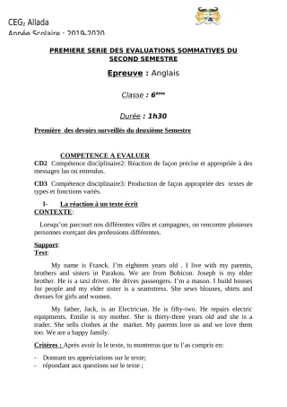 Première page de Anglais 6e — Devoir surveillé, 2e semestre (2019-2020) · CEG 2 Allada