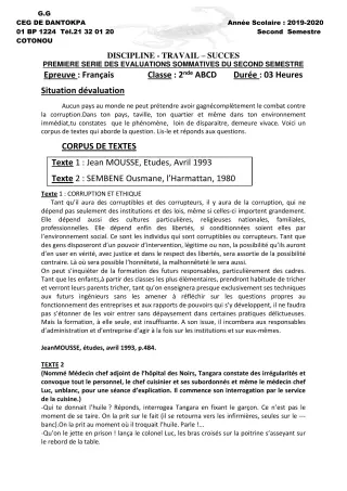 Première page de Français 2nde A, 2nde A & B, 2nde A1, 2nde B, 2nde C, 2nde D — 1re évaluation sommative, 2e semestre (2019-2020) · CEG Dantokpa