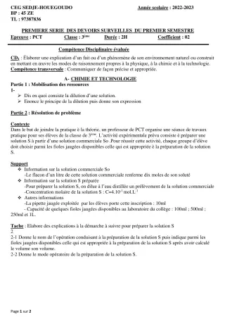 Première page de PCT 3e ML — 1er devoir surveillé, 1er semestre (2022-2023) · CEG Sèdjè-Houègoudo