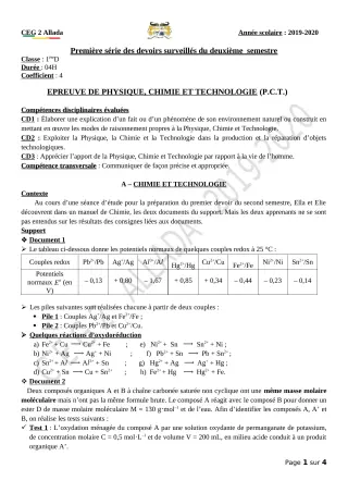 Première page de PCT 1ère D — 1er devoir surveillé, 2e semestre (2019-2020) · CEG 2 Allada