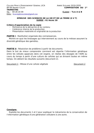 Première page de SVT Tle A2, Tle B — Composition, 1er trimestre (2019-2020) · CPEG LICA
