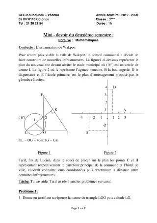 Première page de Mathématiques 3e, 3e ML — Devoir surveillé, 2e semestre (2019-2020) · CEG Kouhounou-Vêdoko