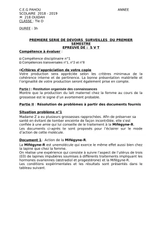 Première page de SVT Tle D — 1er devoir surveillé, 1er semestre (2018-2019) · CEG PAHOU