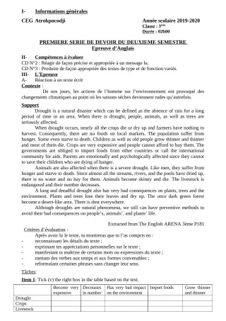 Première page de Anglais 3e — 1er devoir surveillé, 2e semestre (2019-2020) · CEG ATROKPOCODJI