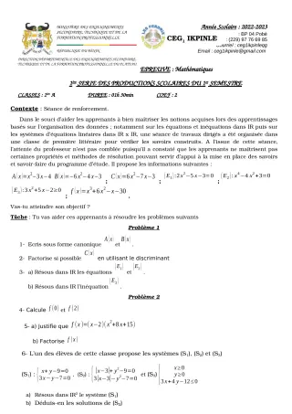 Première page de Mathématiques 1ère A — 1re production scolaire, 1er semestre (2022-2023) · CEG1 Ikpinlè