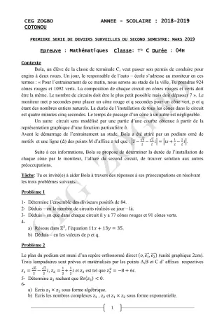Première page de Mathématiques Tle C — 1er devoir surveillé, 2e semestre (2018-2019) · CEG ZOGBO