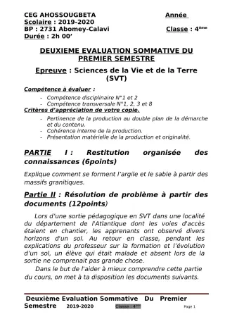 Première page de SVT 4e, 4e ML — 2e évaluation sommative, 1er semestre (2019-2020) · CEG Ahossougbéta