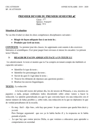 Première page de Espagnol 3e ML — 1er devoir surveillé, 1er semestre (2019-2020) · CEG Attogon