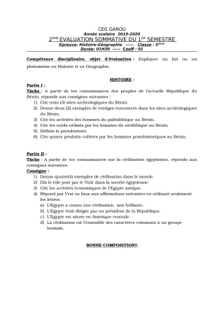 Première page de Histoire-Géographie 5e — 2e évaluation sommative, 1er semestre (2019-2020) · CEG GAROU