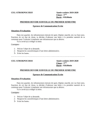 Première page de Français 5e — 1er devoir surveillé, 1er semestre (2019-2020) · CEG ATROKPOCODJI