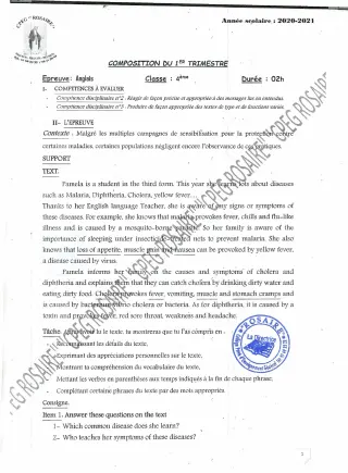 Première page de Anglais 4e — 1re composition (2020-2021) · CPEG ROSAIRE