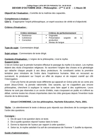 Première page de Philosophie 2nde C, 2nde D — Interrogation (2019-2020) · CPEG Roger LAFIA