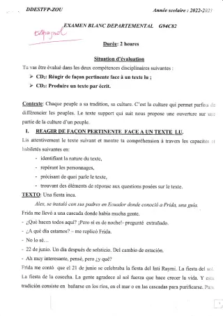 Première page de Examen Blanc de ESPAGNOL — 3e — CEG1 Abomey (2022)