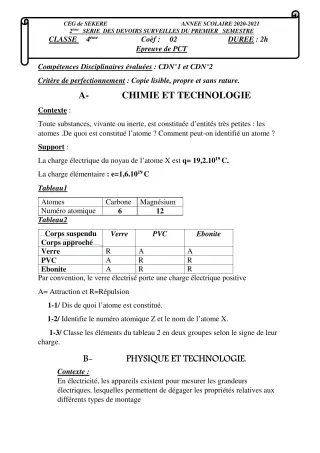 Première page de PCT 4e — 2e devoir surveillé, 1er semestre (2020-2021) · CEG SEKERE