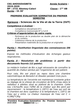 Première page de SVT 1ère A2 — 1re évaluation sommative, 1er semestre (2019-2020) · CEG Ahossougbéta