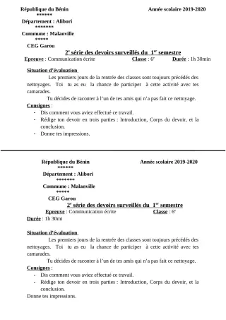 Première page de Français 6e — 2e devoir surveillé, 1er semestre (2019-2020) · CEG GAROU