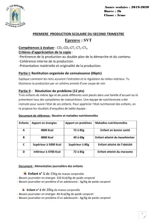 Première page de SVT 3e, 3e ML — 1re production scolaire, 2e trimestre (2019-2020) · CPEG ROSAIRE