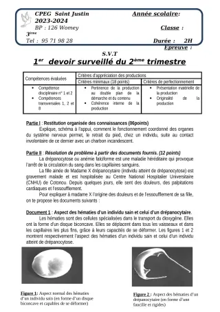 Première page de SVT 3e, Tle A2, Tle B — 1er devoir surveillé, 2e trimestre (2023-2024) · CPEG SAINT Justin