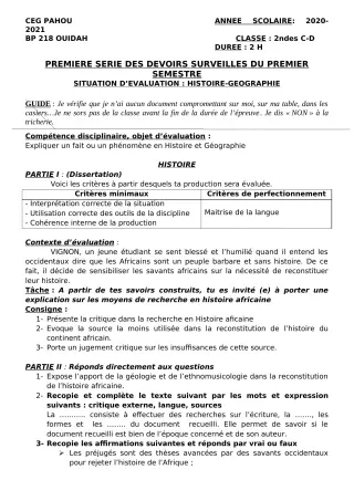 Première page de Histoire-Géographie 2nde C, 2nde D — 1er devoir surveillé, 1er semestre (2020-2021) · CEG PAHOU