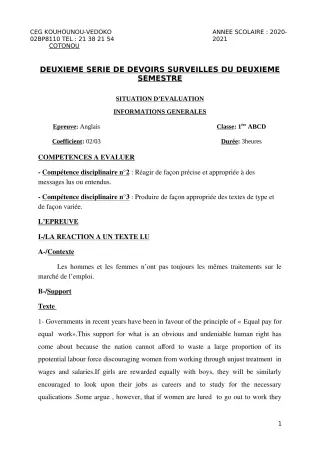 Première page de Anglais 1ère A1, 1ère A2, 1ère B, 1ère C, 1ère D — 2e devoir surveillé, 2e semestre (2020-2021) · CEG Kouhounou-Vêdoko