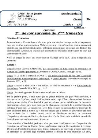 Première page de Français Tle A2, Tle B, Tle C, Tle D — Devoir surveillé, 2e trimestre (2023-2024) · CPEG SAINT Justin