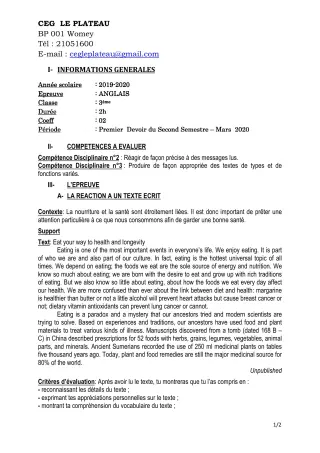 Première page de Anglais 3e, 3e ML — 1er devoir surveillé, 2e semestre (2019-2020) · CEG Le Plateau
