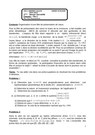 Première page de Mathématiques Tle C — Devoir surveillé, 1er semestre (2022-2023) · CEG2 ABOMEY - CALAVI (CEG ZOCA)