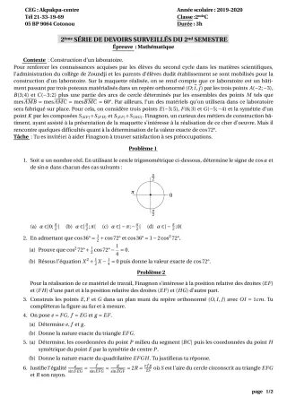 Première page de Mathématiques 2nde D — 2e devoir surveillé, 2e semestre (2019-2020) · CEG 1 Akpakpa-Centre