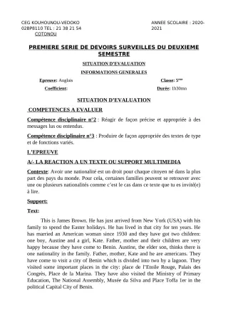 Première page de Anglais 5e — 1er devoir surveillé, 2e semestre (2020-2021) · CEG Kouhounou-Vêdoko