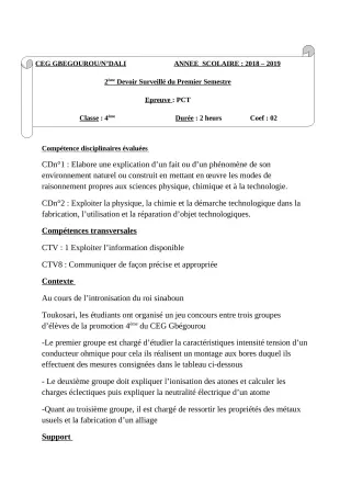 Première page de PCT 4e — 2e devoir surveillé, 1er semestre (2018-2019) · CEG Gbegourou