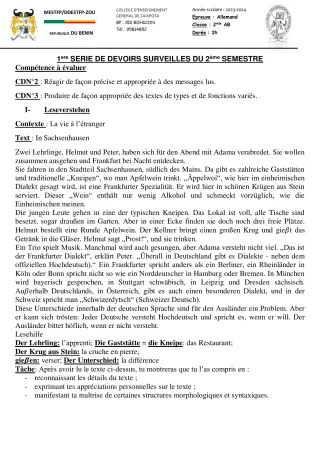 Première page de Allemand 2nde A, 2nde A1, 2nde A2, 2nde B, 2nde C — 1er devoir surveillé, 2e semestre (2023-2024) · CEG ZA-KPOTA