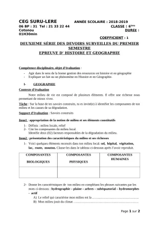 Première page de Histoire-Géographie 6e — 2e devoir surveillé, 1er semestre (2018-2019) · CEG SURU-LERE