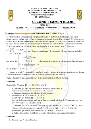 Première page de Examen Blanc de MATHS GENE — Tle C — LMJFGMK (2018)