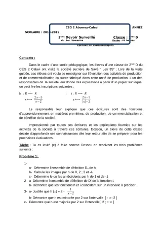 Première page de Mathématiques 2nde D — 2e devoir surveillé, 1er semestre (2018-2019) · CEG2 ABOMEY - CALAVI (CEG ZOCA)