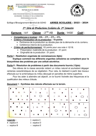 Première page de SVT 2nde A & B — 1re production scolaire, 2e semestre (2023-2024) · CEG GOHO
