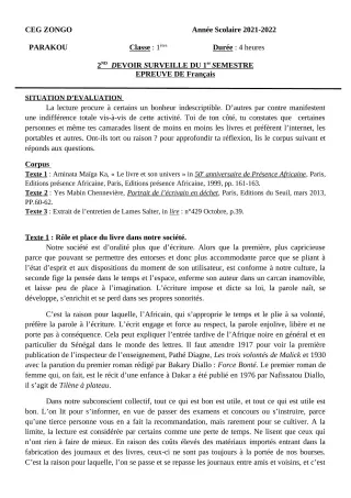 Première page de Français 1ère A1, 1ère A2, 1ère B, 1ère C, 1ère D — 2e devoir surveillé, 1er semestre (2021-2022) · CEG ZONGO