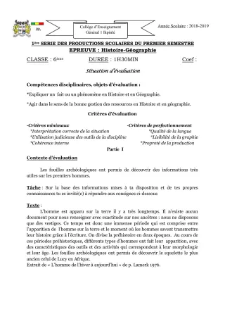 Première page de Histoire-Géographie 6e, 5e, 2nde A, 2nde C, 2nde D, Tle A1, Tle A2 — 1re production scolaire, 1er semestre (2018-2019) · CEG1 Ikpinlè