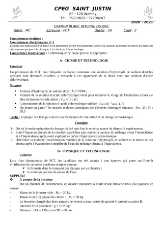 Première page de Examen Blanc de PCT — 3e — CPEG SAINT Justin (2020)