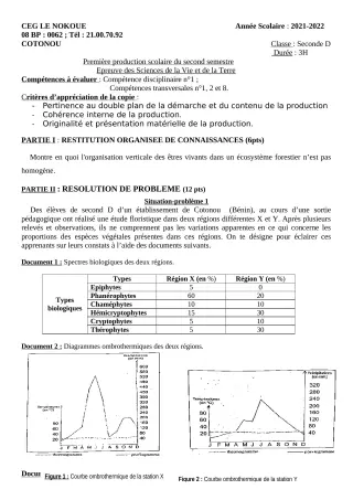 Première page de SVT 2nde D — 1re production scolaire, 2e semestre (2021-2022) · CEG LE NOKOUE