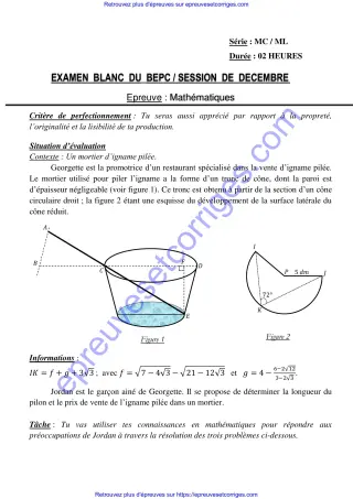 Première page de BEPC 2026 – Mathématiques , Bepc blanc décembre 2025 (géométrie, volumes et calculs appliqués)