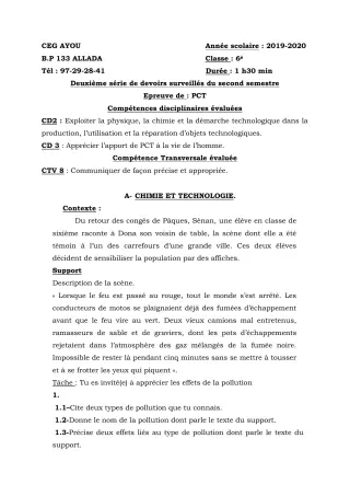 Première page de PCT 6e — 2e devoir surveillé, 2e semestre (2019-2020) · CEG AYOU
