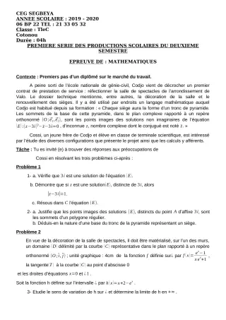 Première page de Mathématiques Tle C — 1re production scolaire, 2e semestre (2019-2020) · CEG SEGBEYA