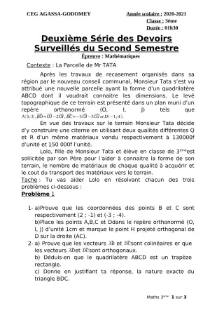 Première page de Mathématiques 3e, 3e ML — 2e devoir surveillé, 2e semestre (2020-2021) · CEG Agassa Godomey