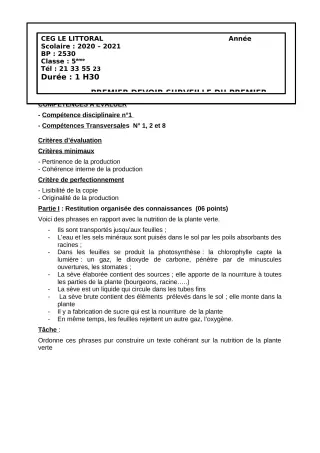Première page de SVT 5e — 1er devoir surveillé (2020-2021) · CEG Le Littoral
