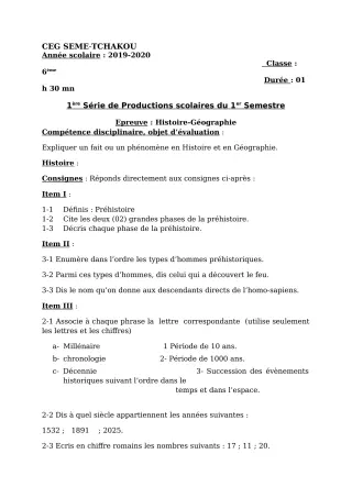 Première page de Histoire-Géographie 6e, 5e, 4e, 3e — 1re production scolaire, 1er semestre (2018-2019) · CEG Sème tchakou