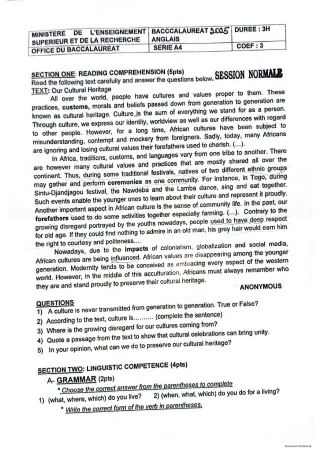 Première page de Épreuve d’Anglais – Baccalauréat 2025 – Série A4 – Togo