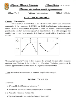 Première page de Mathématiques Tle A — 2e devoir surveillé, 1er semestre (2019-2020) · PMB