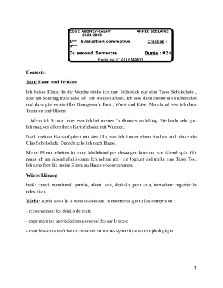 Première page de Allemand 4e — 1re évaluation sommative, 2e semestre (2021-2022) · CEG2 ABOMEY - CALAVI (CEG ZOCA)